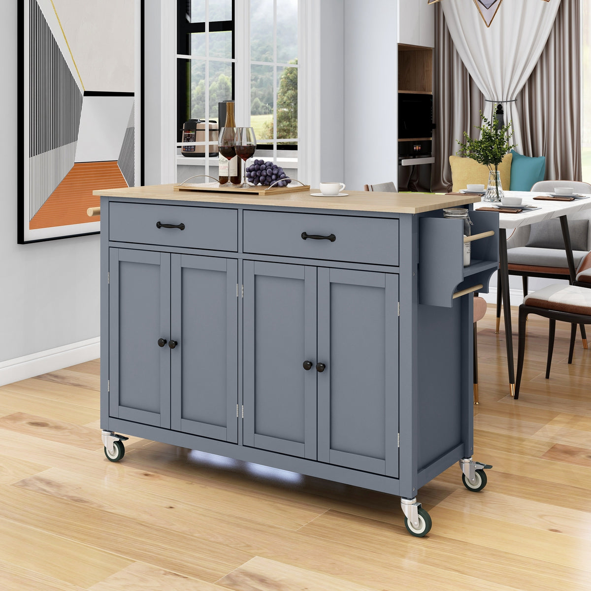 Kitchen Island Cart with Solid Wood Top and Locking Wheels,54.3 Inch Width,4 Door Cabinet and Two Drawers,Spice Rack, Towel Rack (Grey Blue) - Grand Goldman Shop