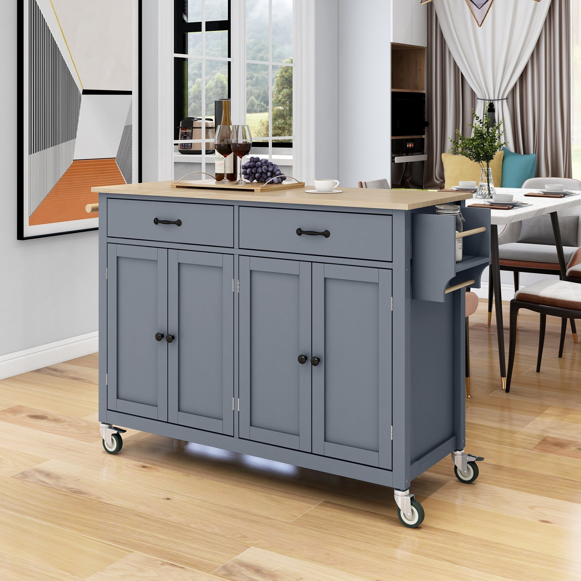 Kitchen Island Cart with Solid Wood Top and Locking Wheels,54.3 Inch Width,4 Door Cabinet and Two Drawers,Spice Rack, Towel Rack (Grey Blue) - Grand Goldman Shop