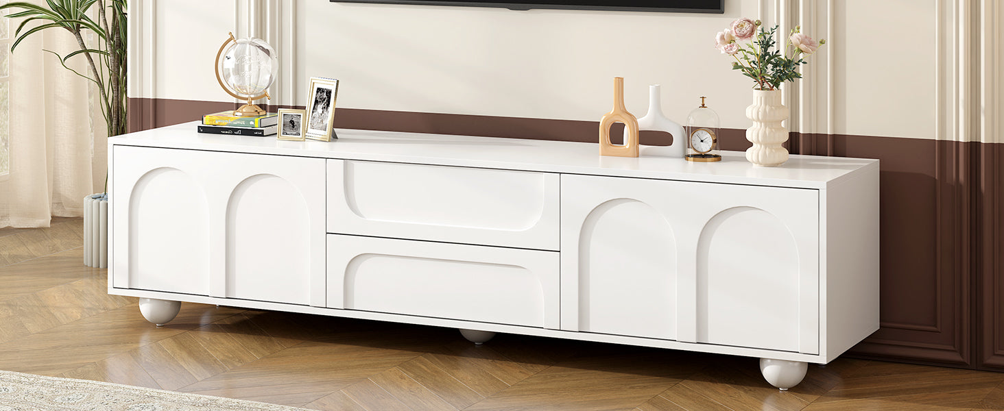 ON-TREND Cream Style TV Stand with Arched Doors & 2 Drawers for TVs up to 75', Minimalist Media Console with Rebound Device, Entertainment Center with 5 Iron Round Legs for Living Room, Bedroom, White - Grand Goldman Shop