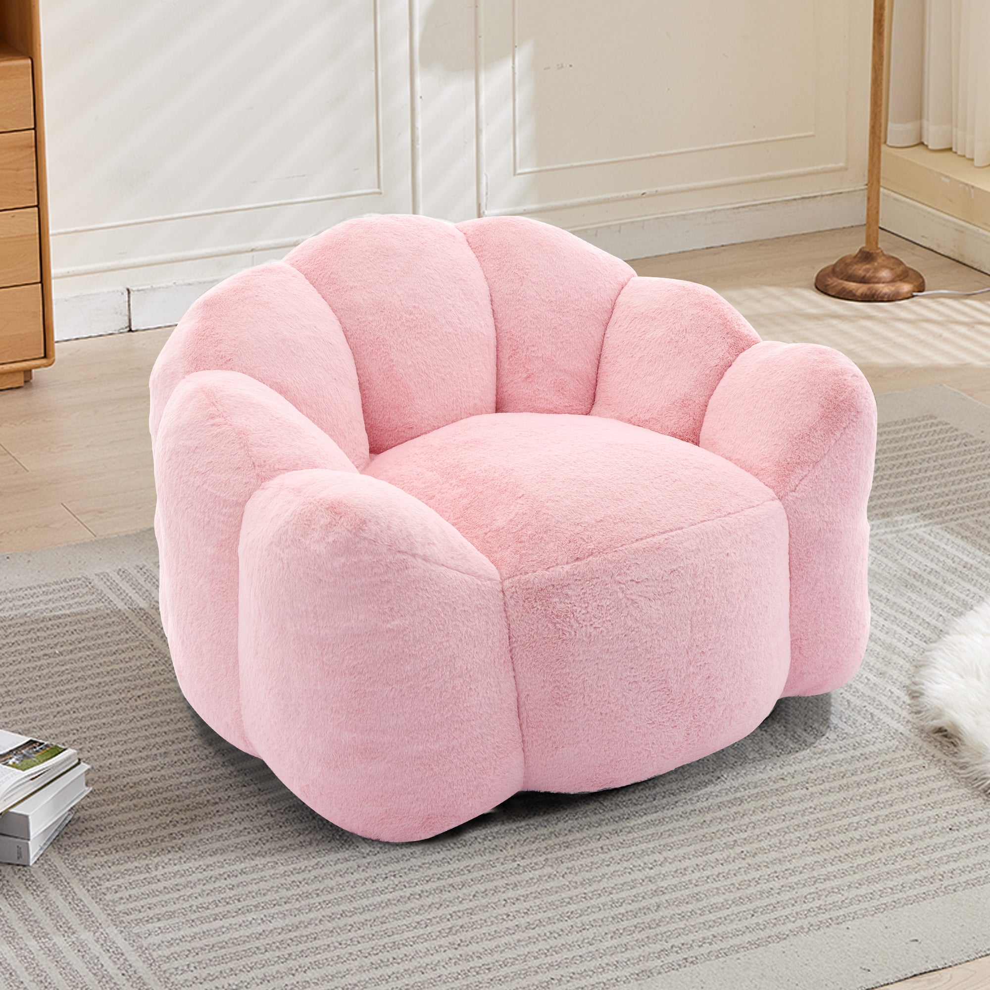 Lotus Style Compression Sofa Adult Bean Bag with Pull Ring in Pink Plush, 43.7 x 39.76 x 26.77 inches, No Installation Required - Grand Goldman Shop