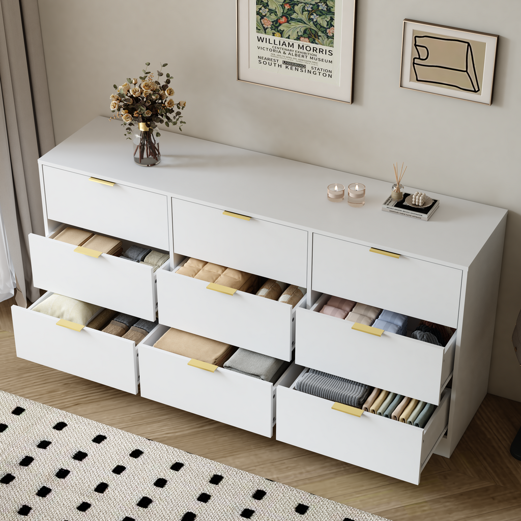 White 9 Drawer Dresser, 63' Large Deep Chest of Drawers, Wooden Dresser Storage Cabinet with 9 Drawers for Bedroom, Long Dressers for Living Room, Hallway - Grand Goldman Shop