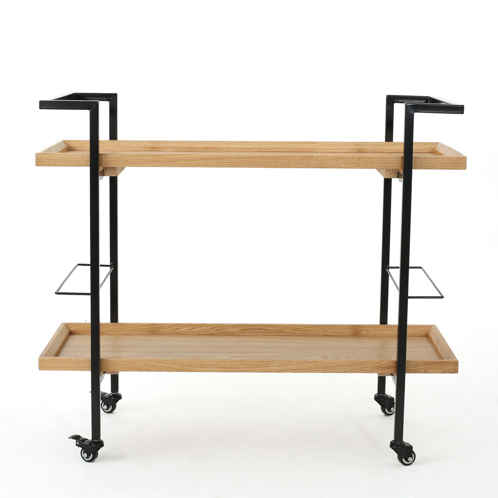 Modern Industrial Bar Cart with Shelving and Casters in Natural Wood and Metal, 38 x 16.1 x 33 inches - Grand Goldman Shop