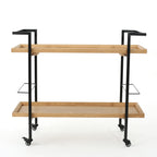 Modern Industrial Bar Cart with Shelving and Casters in Natural Wood and Metal, 38 x 16.1 x 33 inches - Grand Goldman Shop