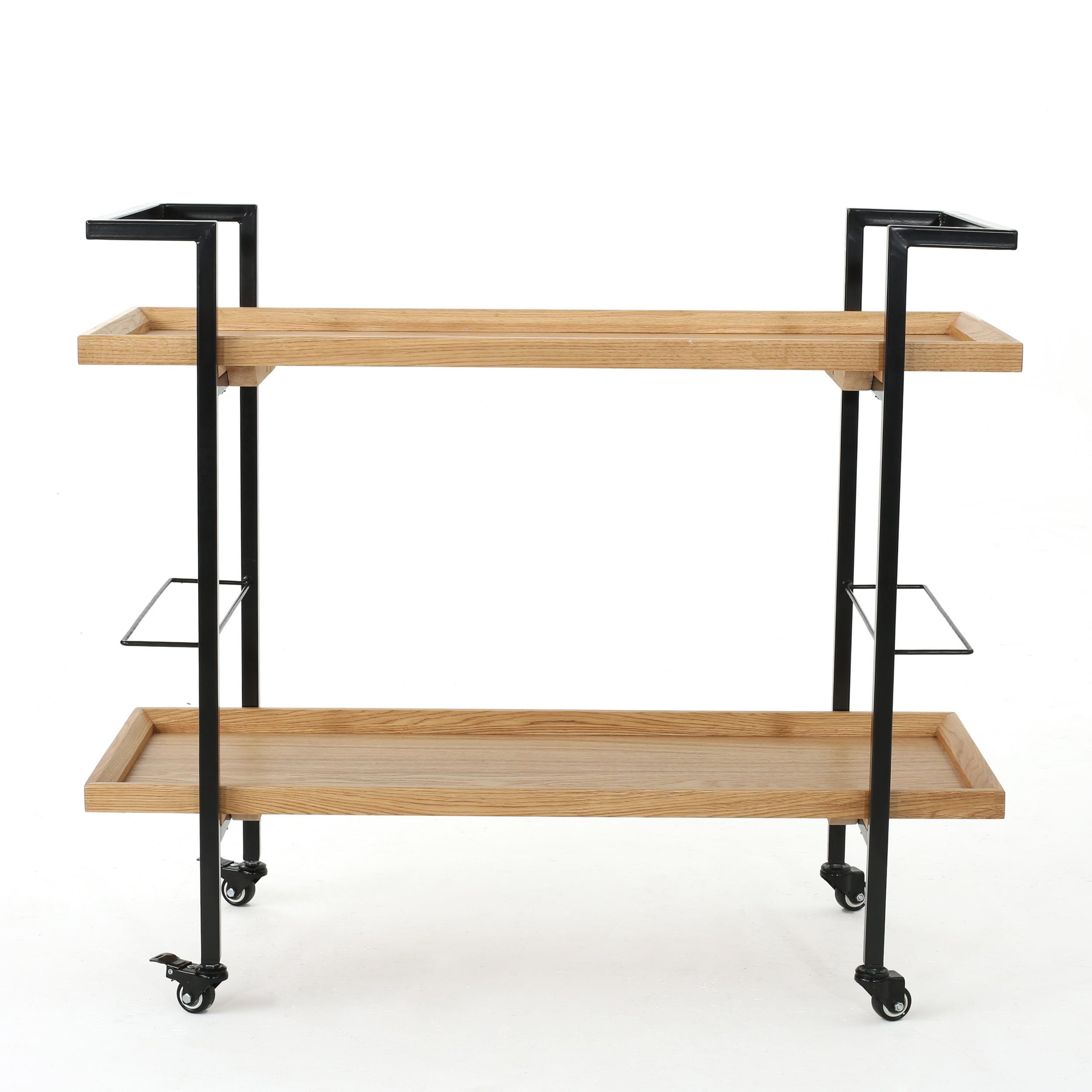 Modern Industrial Bar Cart with Shelving and Casters in Natural Wood and Metal, 38 x 16.1 x 33 inches - Grand Goldman Shop
