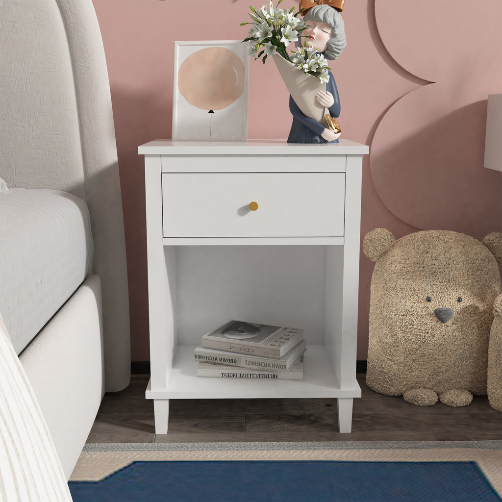 26.77''H White Wooden Nightstand with One Drawer and Shelf, Golden Handle, MDF Construction for Kids and Adults - Grand Goldman Shop