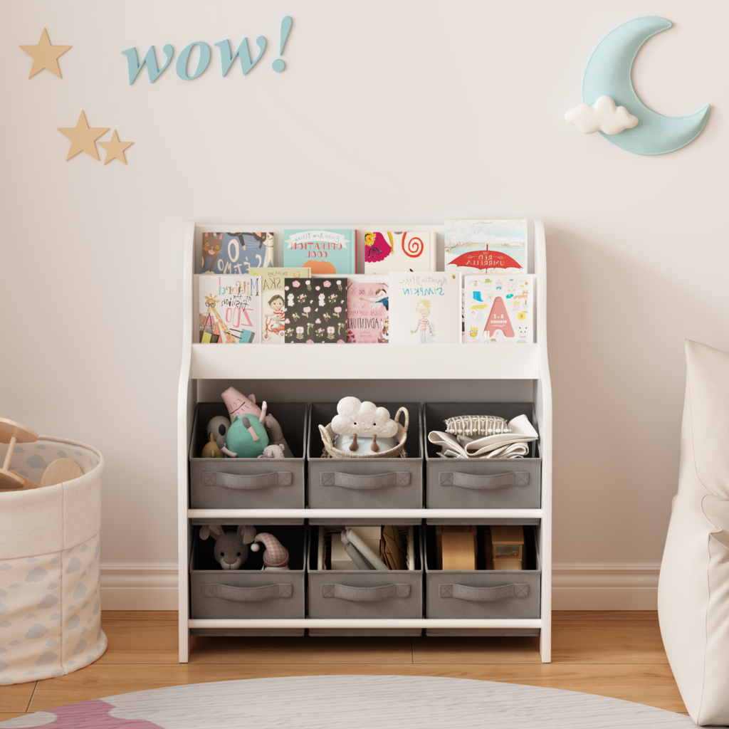 Kids Bookshelf with 6 Fabric Storage Bins, Multi-Functional Children's Bookcase and Toy Organizer, Front-Facing Display Shelf