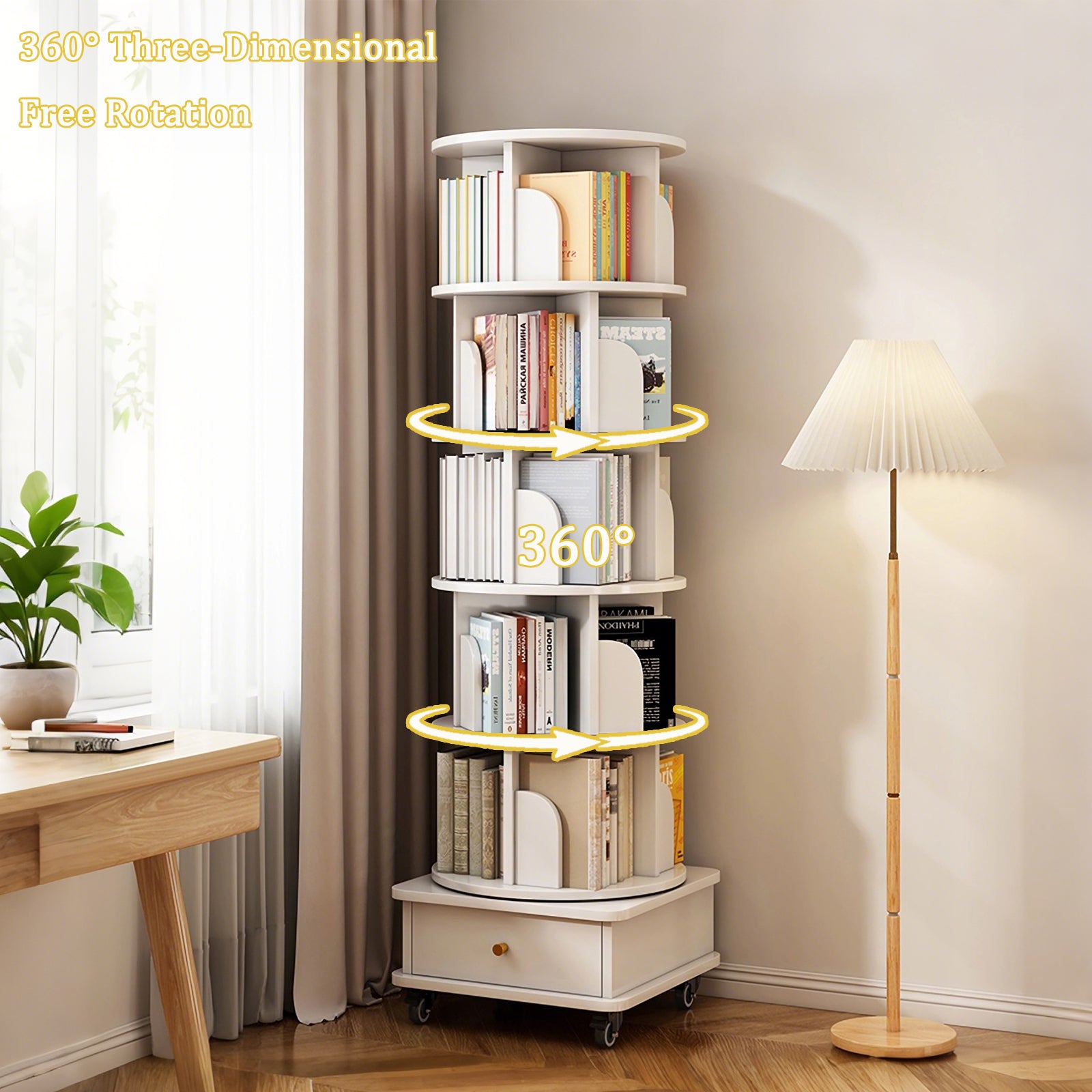 6 Tier Rotating Bookshelf, 360° Display Round Spinning Bookshelf with Wheels and Drawer, Space-Saving, Small Space Rotating Bookshelf Tower for Bedroom, Living Room, Home, Office, Warm White - Grand Goldman Shop