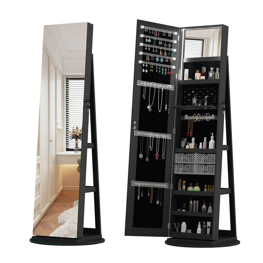 360°Swivel Jewelry Cabinet with Full Length Mirror, 360°Rotating Standing Jewelry Armoire Organizer, Lockable Storage Cabinet, Interior Lighted Mirror, Black - Grand Goldman Shop