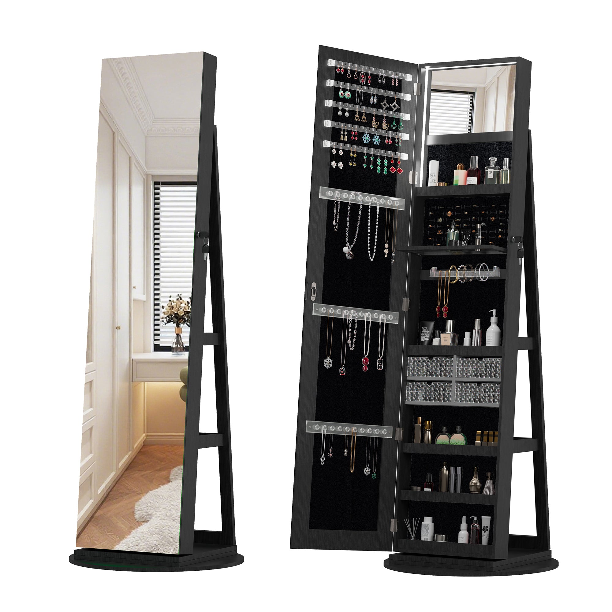 360°Swivel Jewelry Cabinet with Full Length Mirror, 360°Rotating Standing Jewelry Armoire Organizer, Lockable Storage Cabinet, Interior Lighted Mirror, Black - Grand Goldman Shop