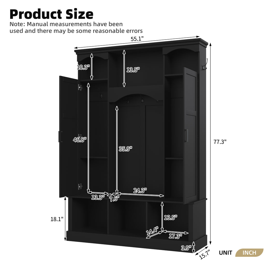 ON-TREND Modern All-in-One Hall Tree with Adjustable Shelves, Classic Arched Farmhouse Storage Bench with Dual Side Cabinets, Elegant Entryway Organizer with 7 Hooks for Mudroom, Hallway, Black - Grand Goldman Shop