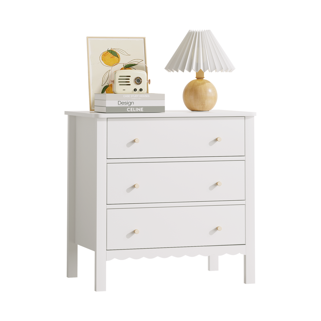 White 3 Drawer Dresser for Bedroom, Modern MDF Painted Chest of Drawers with Gold Knobs, Wooden Storage Cabinet for Kids, Nur