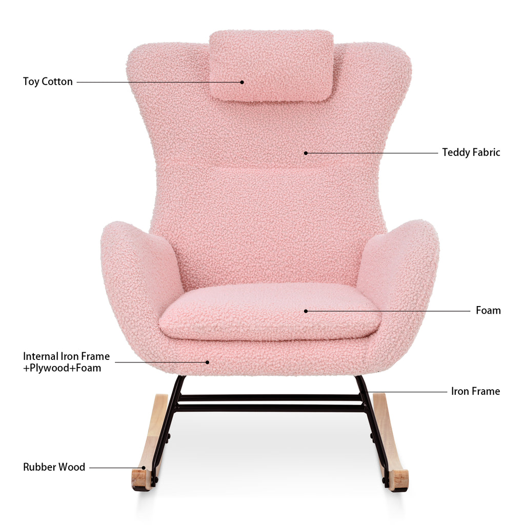 Rocking Chair Nursery, Teddy Upholstered Rocker Glider Chair with High Backrest, Adjustable Headrest & Pocket, Comfy Glider Chair for Nursery, Bedroom, Living Room, Offices, Rubber wood, pink - Grand Goldman Shop