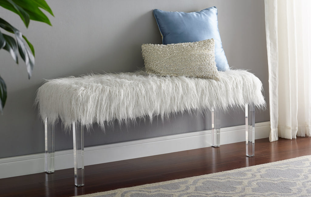 White Faux Fur Bench with Acrylic Legs - Grand Goldman Shop
