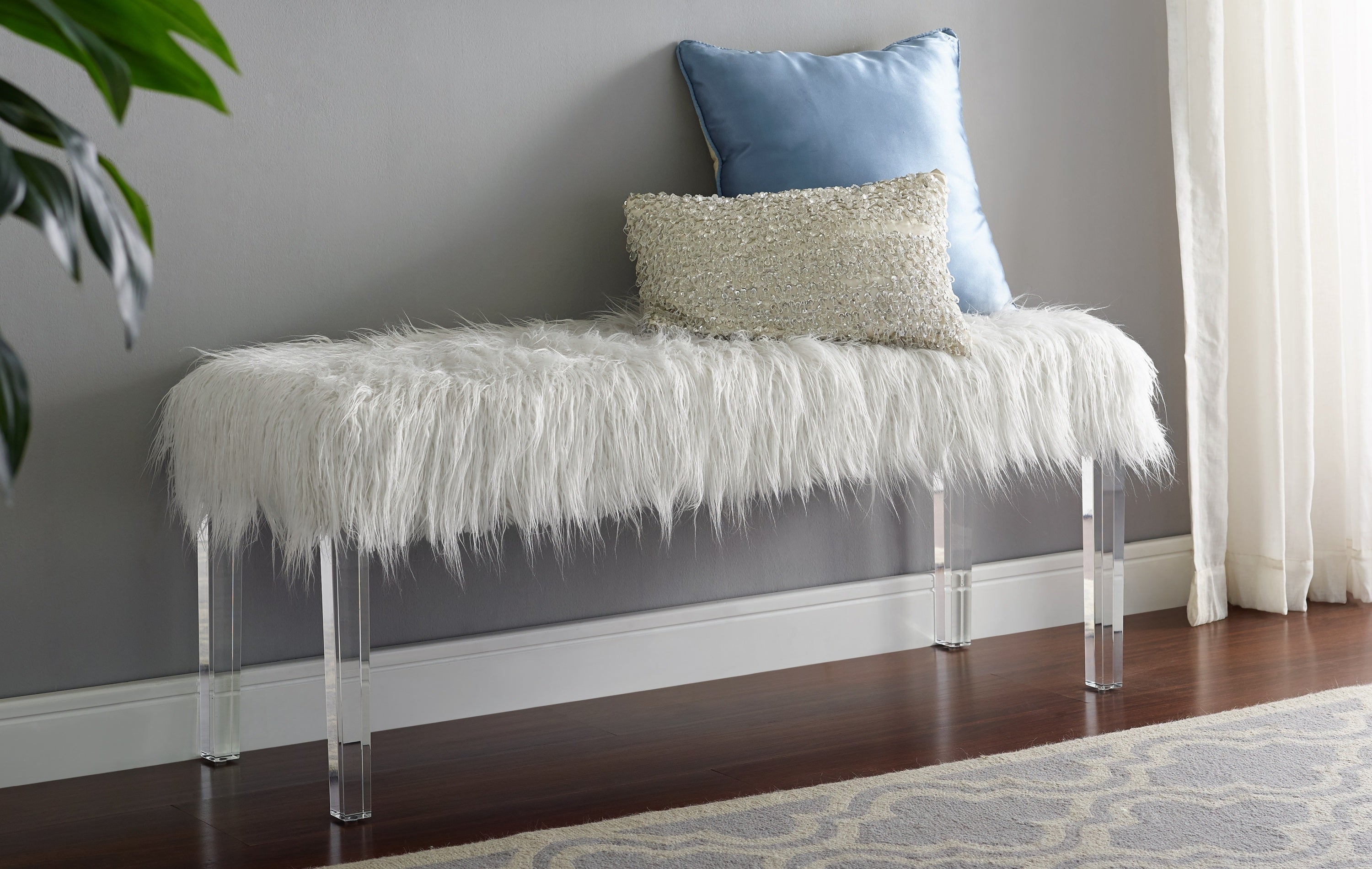 White Faux Fur Bench with Acrylic Legs - Grand Goldman Shop