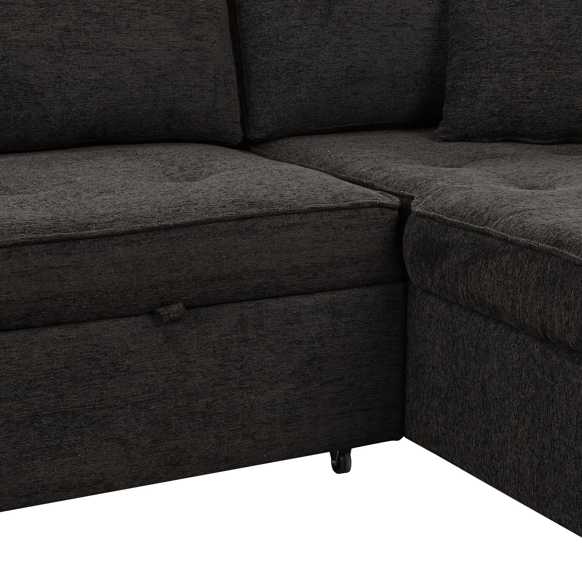 Modern L-Shape 3 Seat Reversible Sectional Couch with Pull Out Sleeper Sofa, Storage Chaise, 2 Stools, Charcoal Grey, Linen Chenille - Grand Goldman Shop