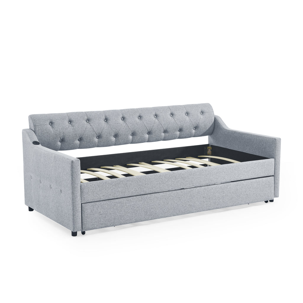 Linen Grey Mid-Century Style Twin Size Upholstered Daybed with Trundle and USB Charging Armrest - Grand Goldman Shop