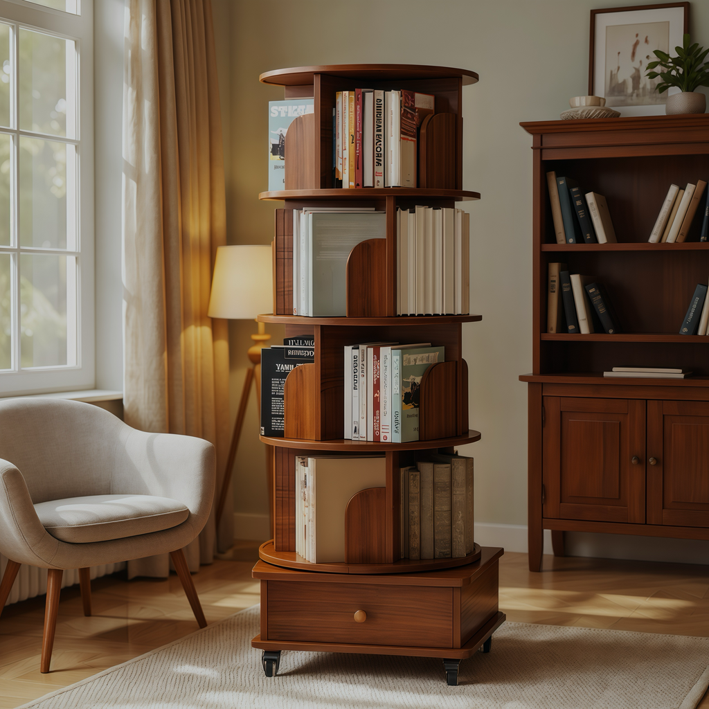 Rotating Bookshelf with Drawer, 360 Display 5 Tier Corner Bookshelf for Small Space, Floor Standing Bookcase Storage Rack, Wood Narrow Organizer for Bedroom, Living Room (WALNUT) - Grand Goldman Shop