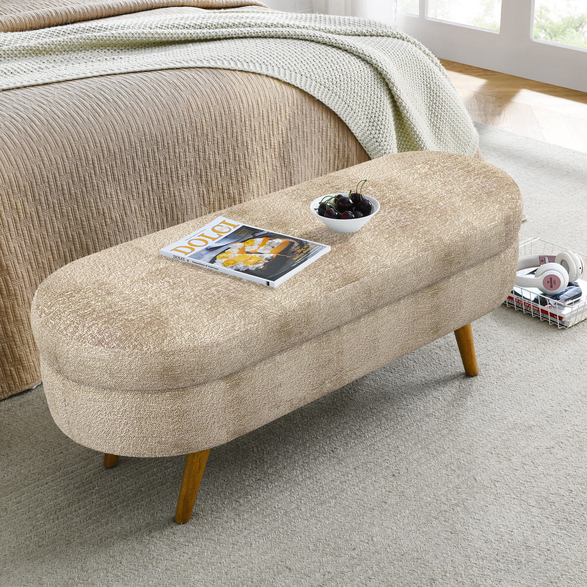 Ottoman Oval Storage Bench with Rubber Wood Legs, Gray Fabric, 43.5'x16'x16' - Grand Goldman Shop