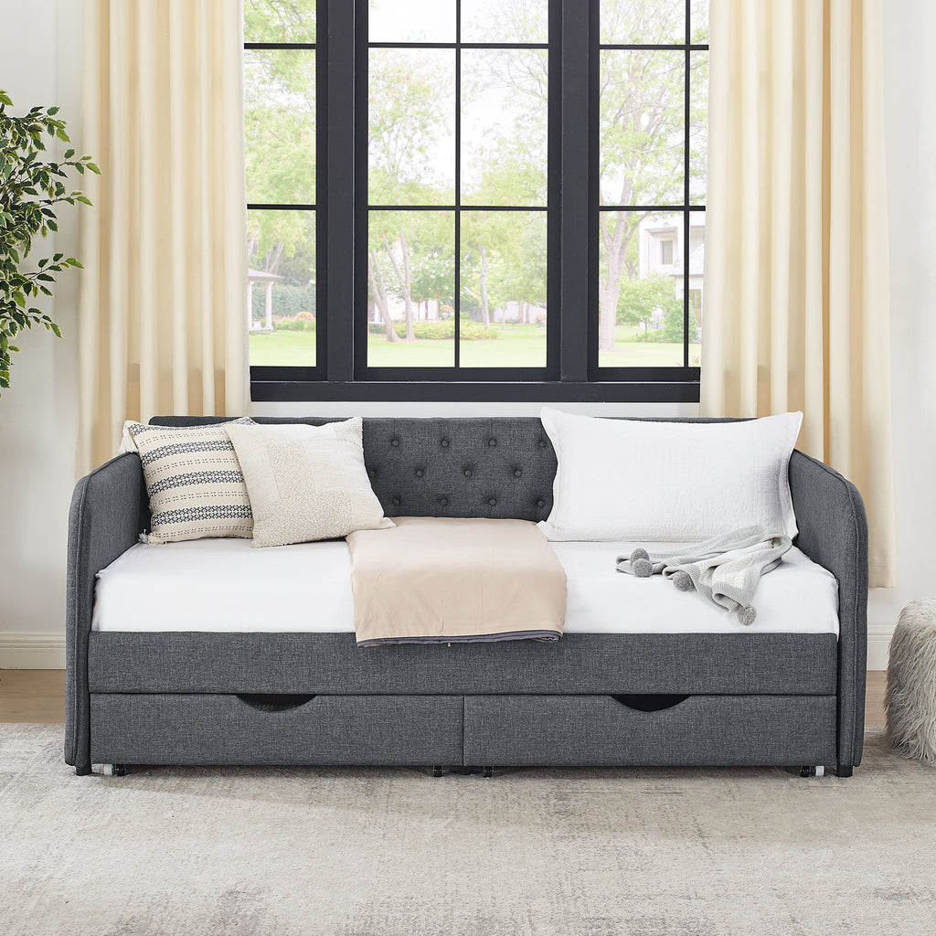 Twin Size Upholstered Daybed with Trundle and Drawers, Dark Gray Linen, Flat Arms, Extendable for Bedroom or Living Room - Grand Goldman Shop