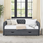 Twin Size Upholstered Daybed with Trundle and Drawers, Dark Gray Linen, Flat Arms, Extendable for Bedroom or Living Room - Grand Goldman Shop