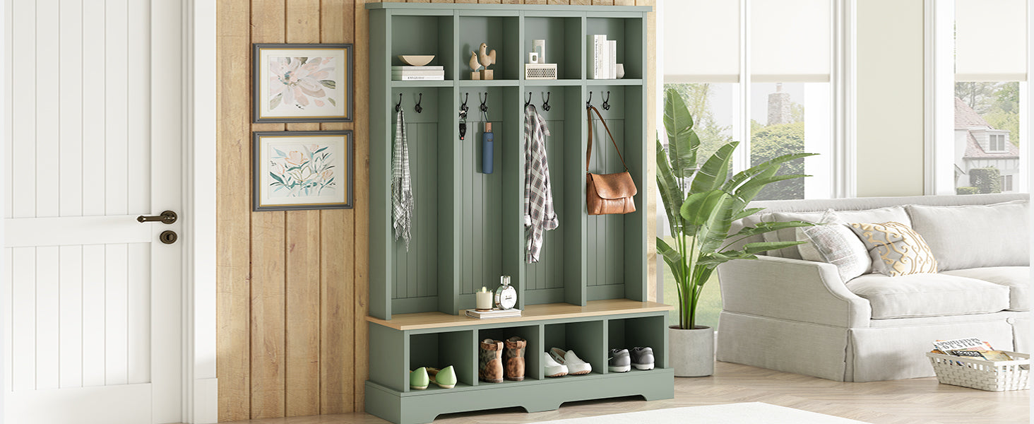 Farmhouse Hall Tree with 8 Hooks, Practical Entryway Bench with Open Compartments, 76.7'H Modern 3-in-1 Wooden Style Coat and Shoe Rack for Mudroom, Living Room, Mint Green (OLD SKU: N721P292601M) - Grand Goldman Shop