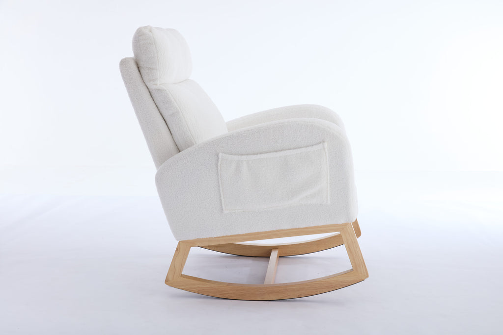 015B-Teddy Fabric Leisure Rocking Chair,Nursery Rocking Chair With Adjustable Footstool,Thickened Headrest And High Backrest, Storage Pocket On The Right Side,The Base Rocker Is Solid Wood,White - Grand Goldman Shop
