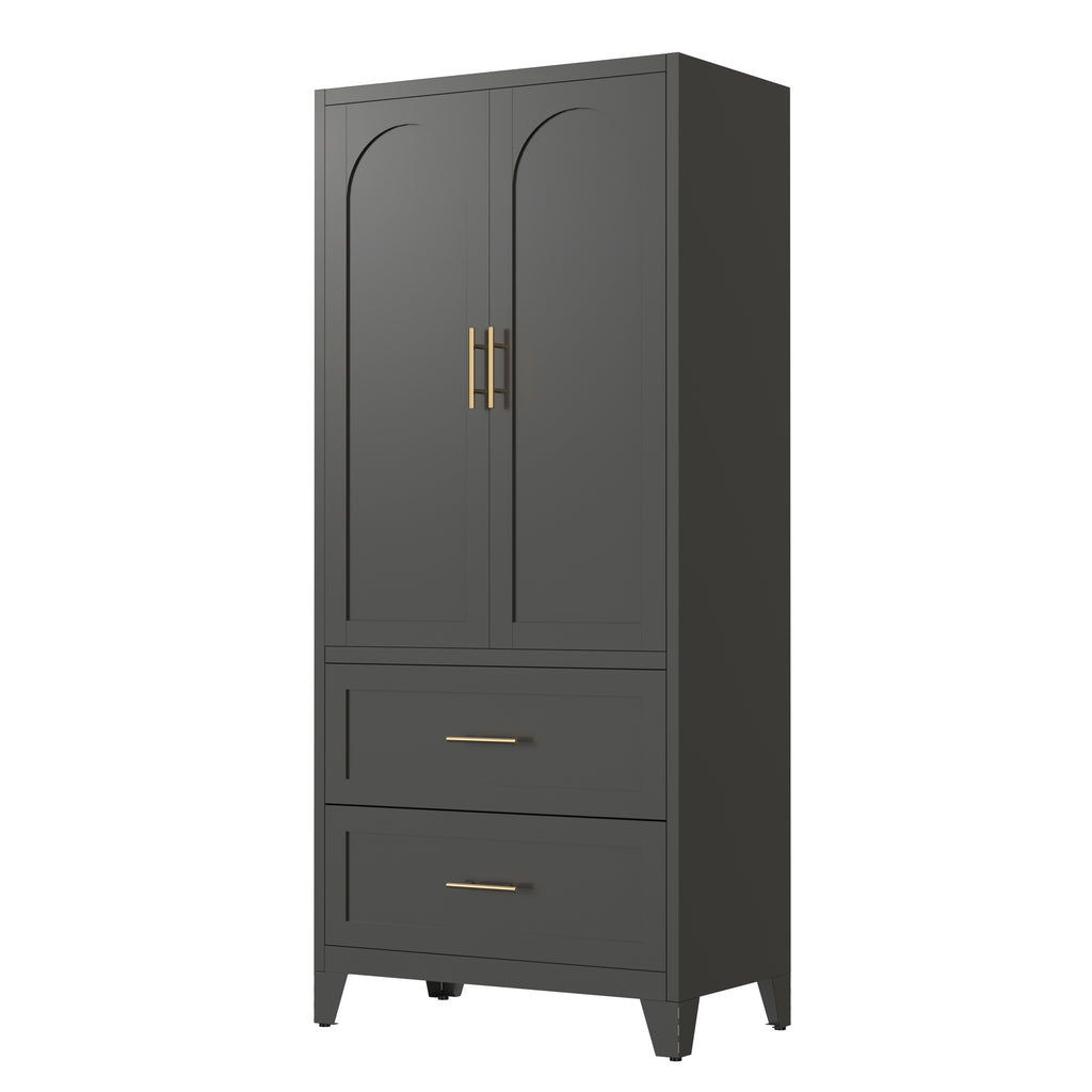 71' Tall Metal Wardrobe Cabinet with 2 Drawers and Hanging Rod, 2 Doors Wardrobe Closet with Shelf for Bedroom, Office, Laundry Room,Entryway ,Foyer,Guesthouse (Black) - Grand Goldman Shop