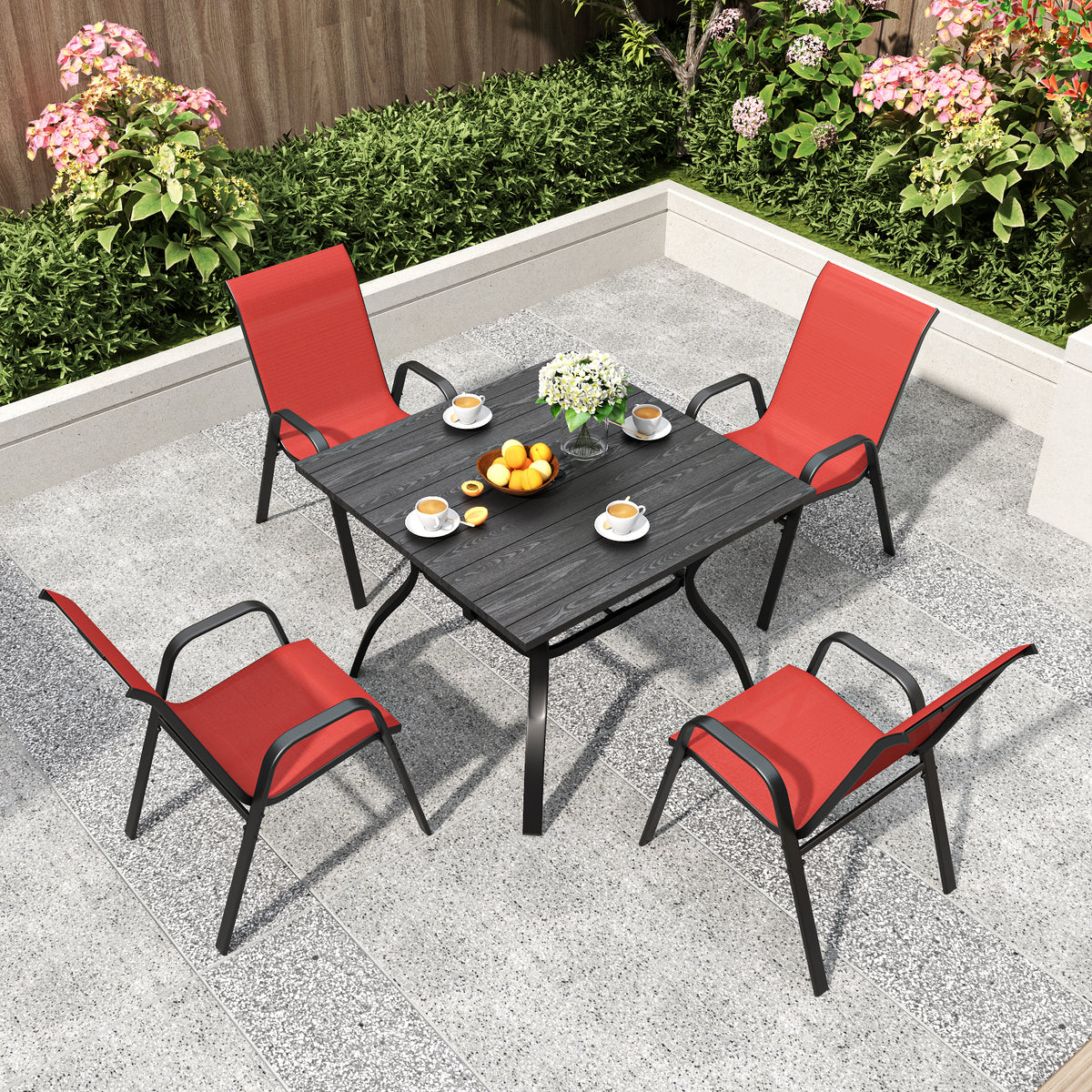 5-Piece Outdoor Patio Dining Set, Vintage Wood Grain Table with Umbrella Hole + 4 Ergonomic Stacking Chairs 350LB Capacity, Waterproof Textilene Fabric, for Garden Yard Balcony Patio Restaurant