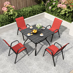 5-Piece Outdoor Patio Dining Set, Vintage Wood Grain Table with Umbrella Hole + 4 Ergonomic Stacking Chairs 350LB Capacity, Waterproof Textilene Fabric, for Garden Yard Balcony Patio Restaurant