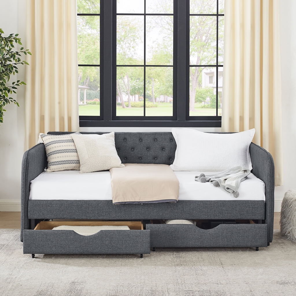 Twin Size Upholstered Daybed with Trundle and Drawers, Dark Gray Linen, Flat Arms, Extendable for Bedroom or Living Room - Grand Goldman Shop