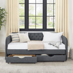 Twin Size Upholstered Daybed with Trundle and Drawers, Dark Gray Linen, Flat Arms, Extendable for Bedroom or Living Room - Grand Goldman Shop