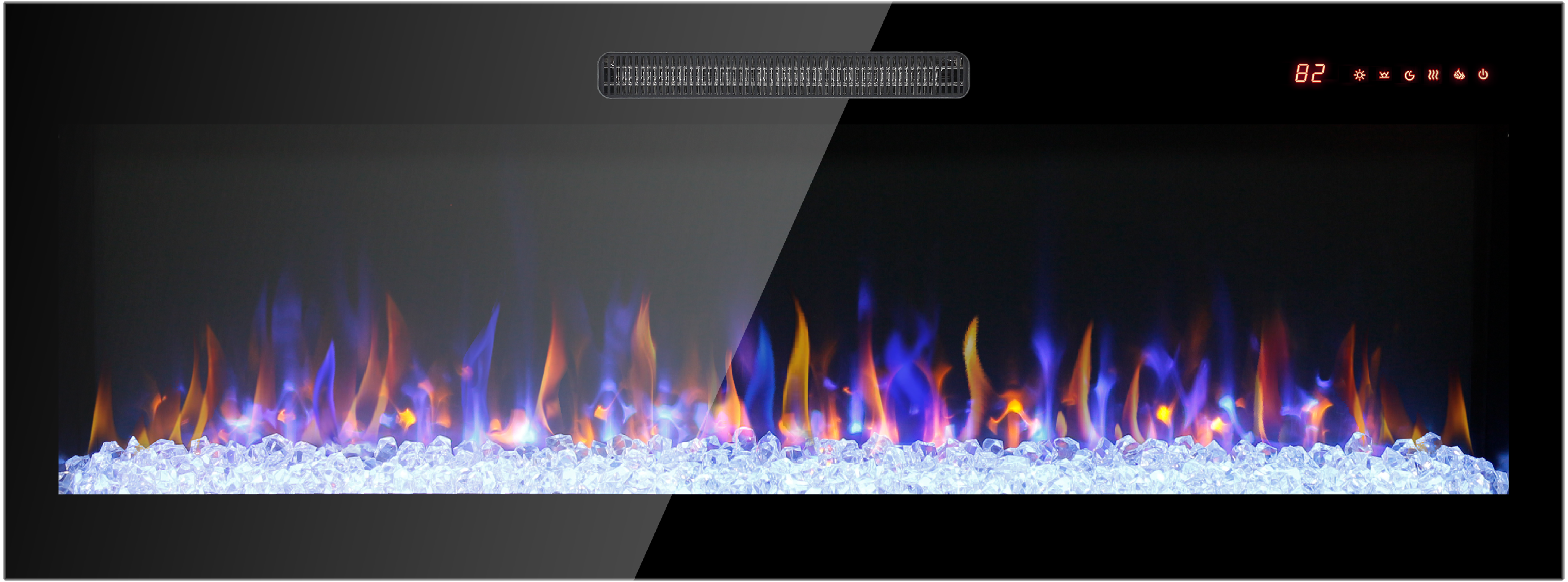 60 inch recessed ultra thin tempered glass front wall mounted electric fireplace with remote and multi color flame & emberbed, LED light heater - Grand Goldman Shop