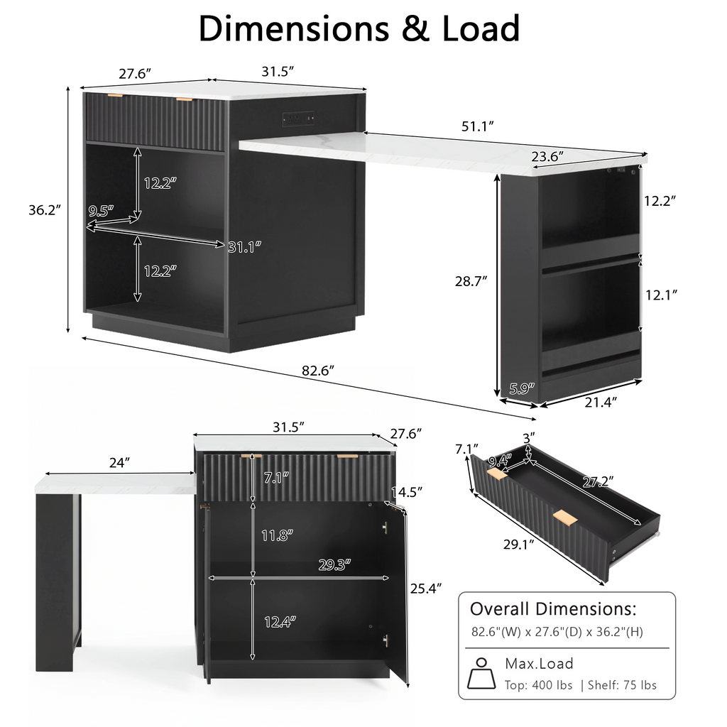 K&K 82.6' Fluted Kitchen Island with Extendable Dining Table for 4-6, Island Table for Kitchen with Power Outlet, Kitchen Table with Double-Side Storage, 2 Drawers 2 Side Open Shelves, Black - Grand Goldman Shop