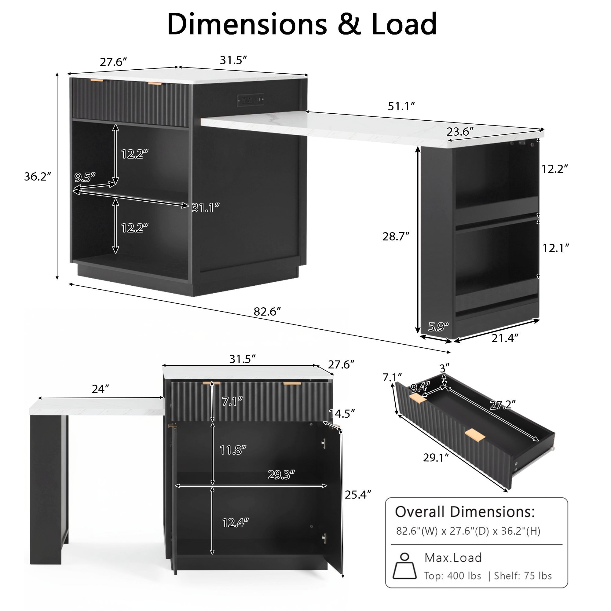 K&K 82.6' Fluted Kitchen Island with Extendable Dining Table for 4-6, Island Table for Kitchen with Power Outlet, Kitchen Table with Double-Side Storage, 2 Drawers 2 Side Open Shelves, Black - Grand Goldman Shop
