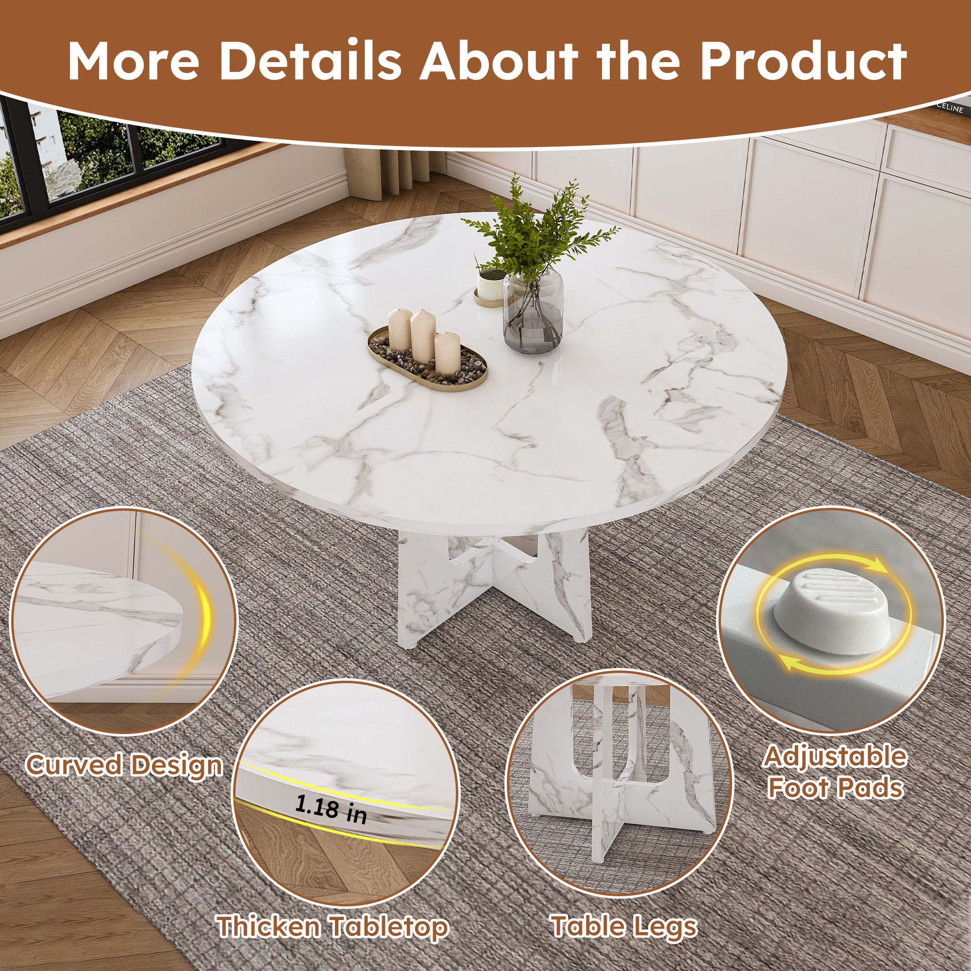 Modern Farmhouse 47.24' Round Dining Table for 4 with Marble White Finish MDF and Iron - Grand Goldman Shop
