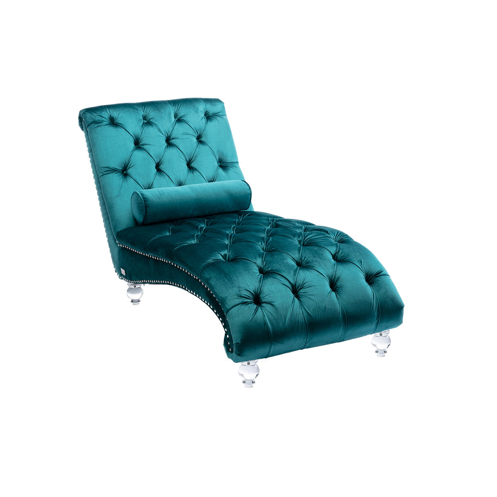 Velvet Chaise Lounge Indoor, Button-Tufted Upholstered Chaise Lounge Chair with Pillow, Teal Velvet, 63.38 inch - Grand Goldman Shop