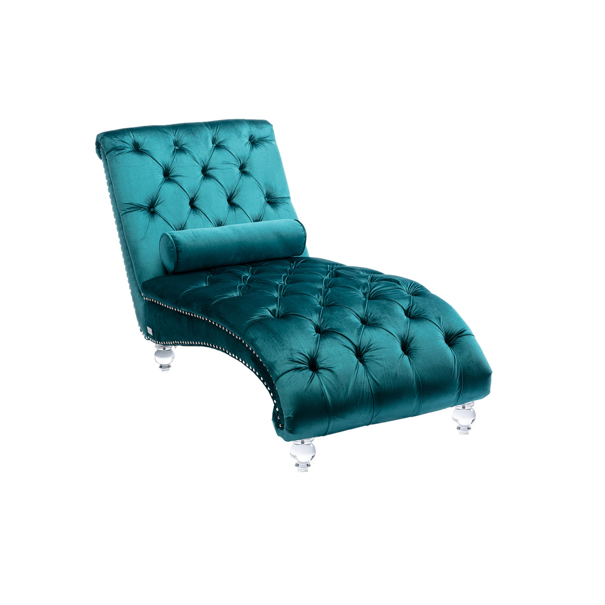 Velvet Chaise Lounge Indoor, Button-Tufted Upholstered Chaise Lounge Chair with Pillow, Teal Velvet, 63.38 inch - Grand Goldman Shop