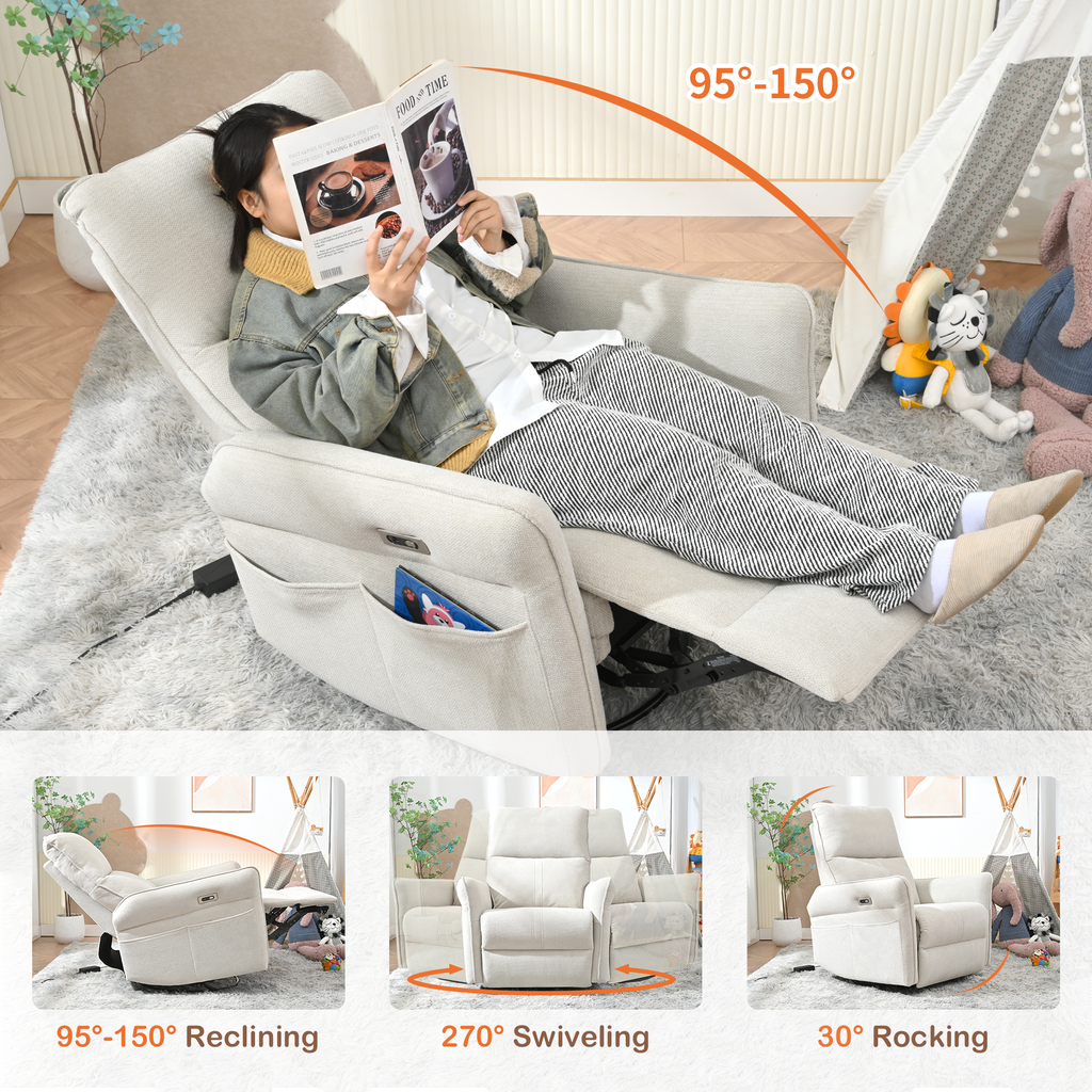 270° Power Swivel Rocker Recliner Chair for Adults, Swivel Rocking Recliner Chair,Electric Small Recliners for Small Spaces, Single Sofa Recliner for Living Room, Bedroom,RV (Fabric Gray+270°Swivel) - Grand Goldman Shop