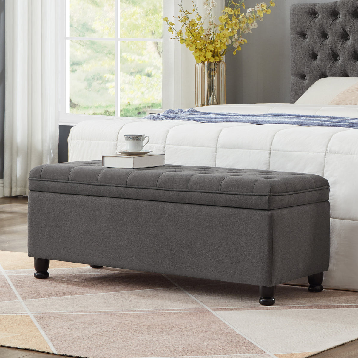 Upholstered tufted button storage bench ,Linen fabric entry bench with spindle wooden legs, Bed bench- Dark Gray - Grand Goldman Shop