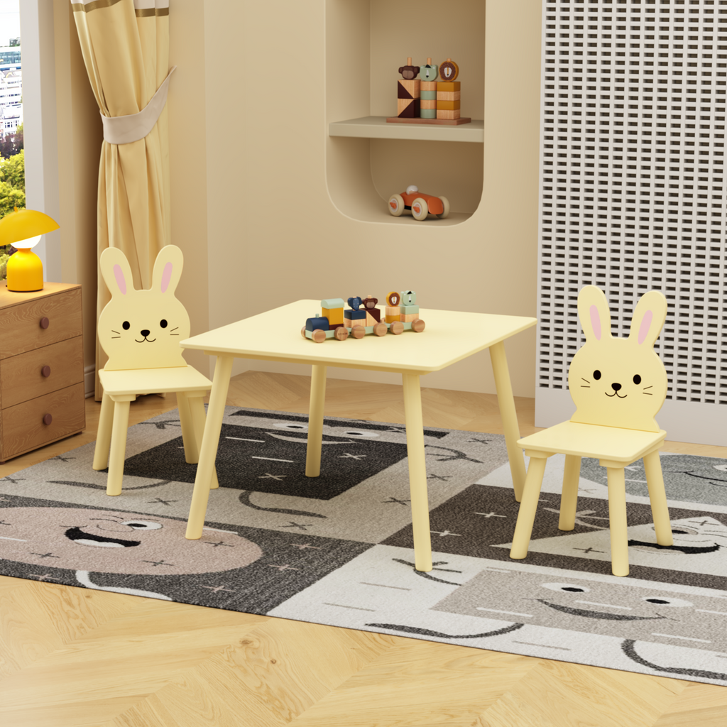 Kids Table and Chair Set with 2 Bunny Chairs, Children's Wooden Activity Table for Toddlers, Cute Animal Design Study Play Se