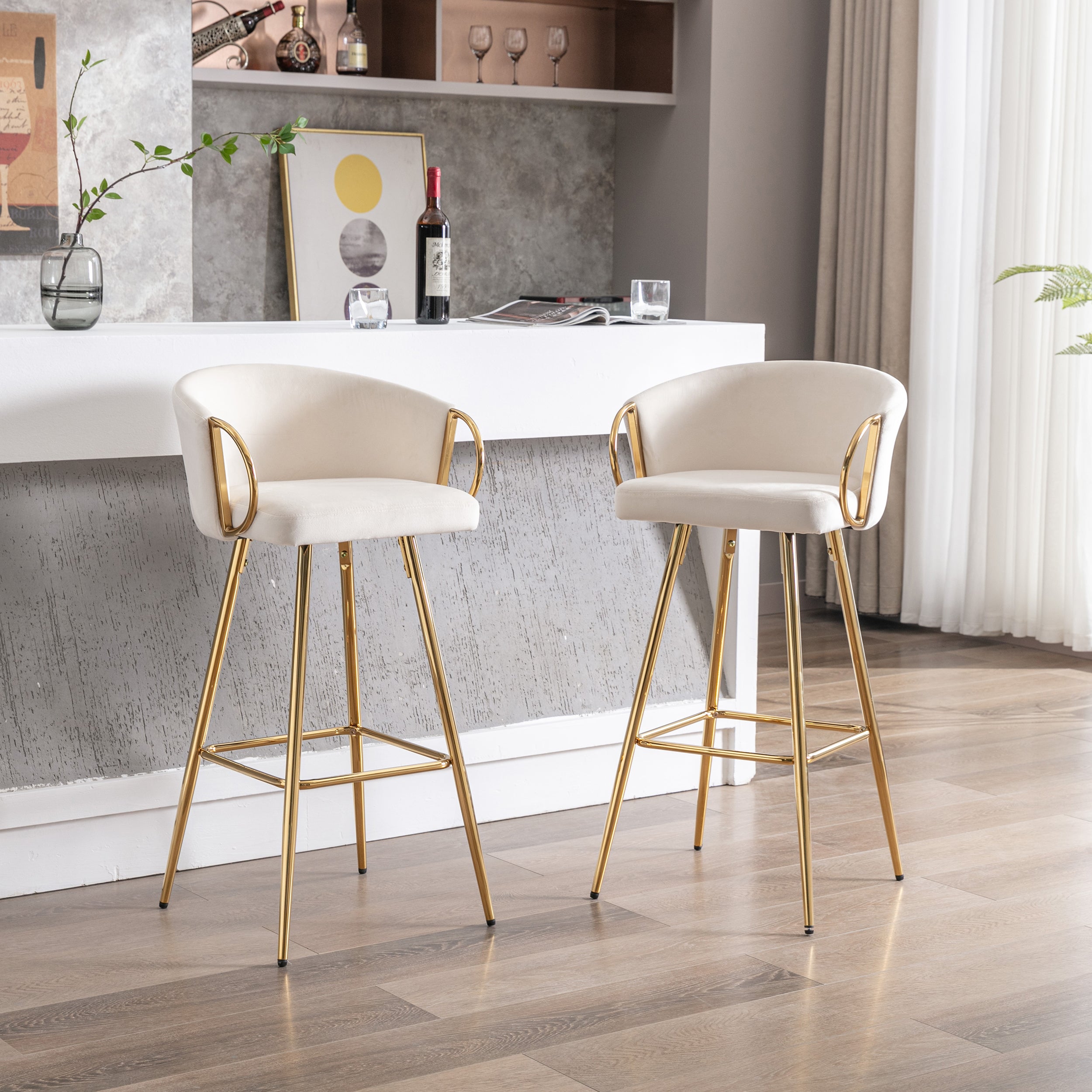 26 Inch Set of 2 Bar Stools,with Chrome Footrest and Base Velvet + Golden Leg Simple Bar Stoo,CREAM - Grand Goldman Shop