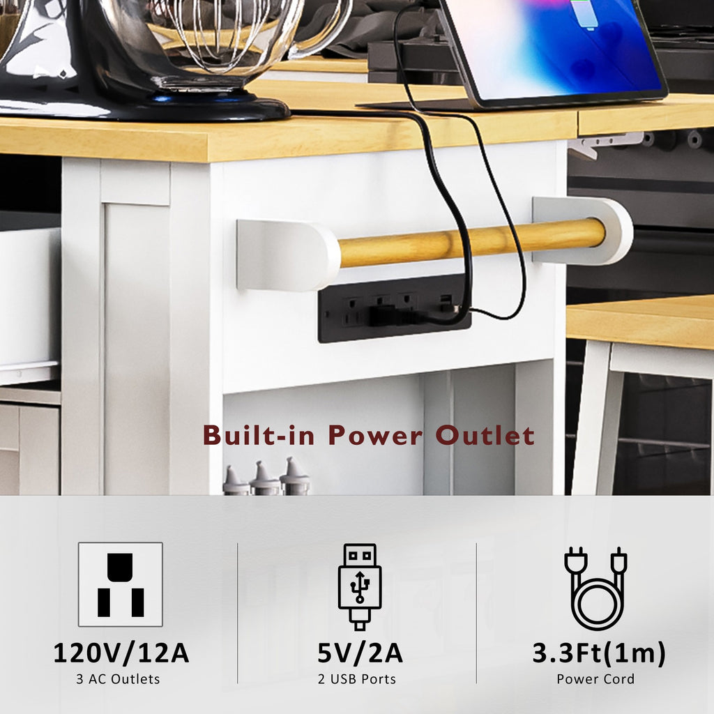 48 inch Kitchen Island with Drop Leaf,Power Outlet,Internal Storage Rack,Rolling Kitchen Storage Cart on 5 Wheels with 5 Open Side Racks for Kitchen,White (Old SKU N707P257057W)(Not Include Stools) - Grand Goldman Shop