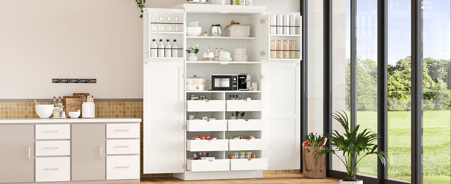 [Assembly Video Provided] TOPMAX 35.5x17.6x70.9inch Freestanding Kitchen Pantry Cabinet, Tall Storage Cabinet with 4 Doors, 2 Door Shelves, 8 Pull-out Trays and Adjustable Shelf for Dining Room, White - Grand Goldman Shop