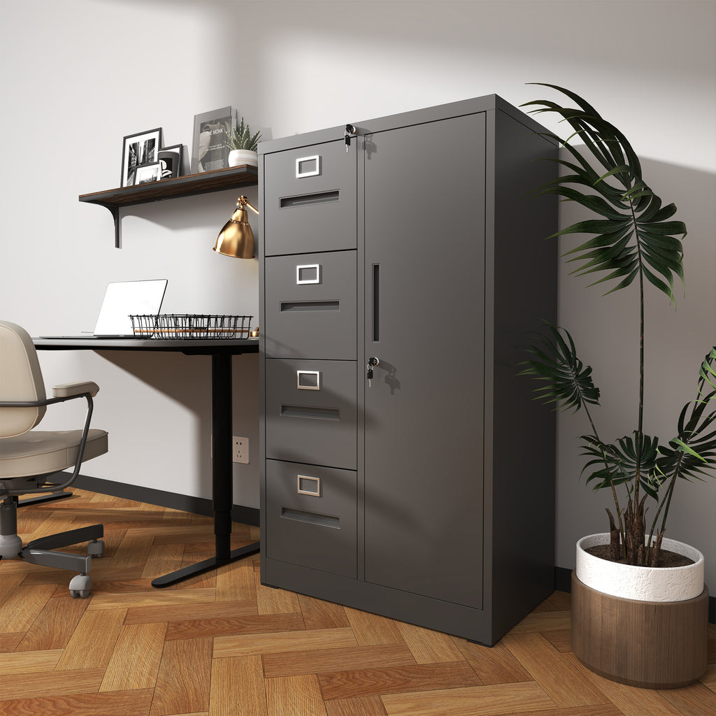 Metal Storage Vertical Filing Cabinet with Lock, Steel File Locker with 4 Drawers and 1 door for School, Living Room, Bedroom