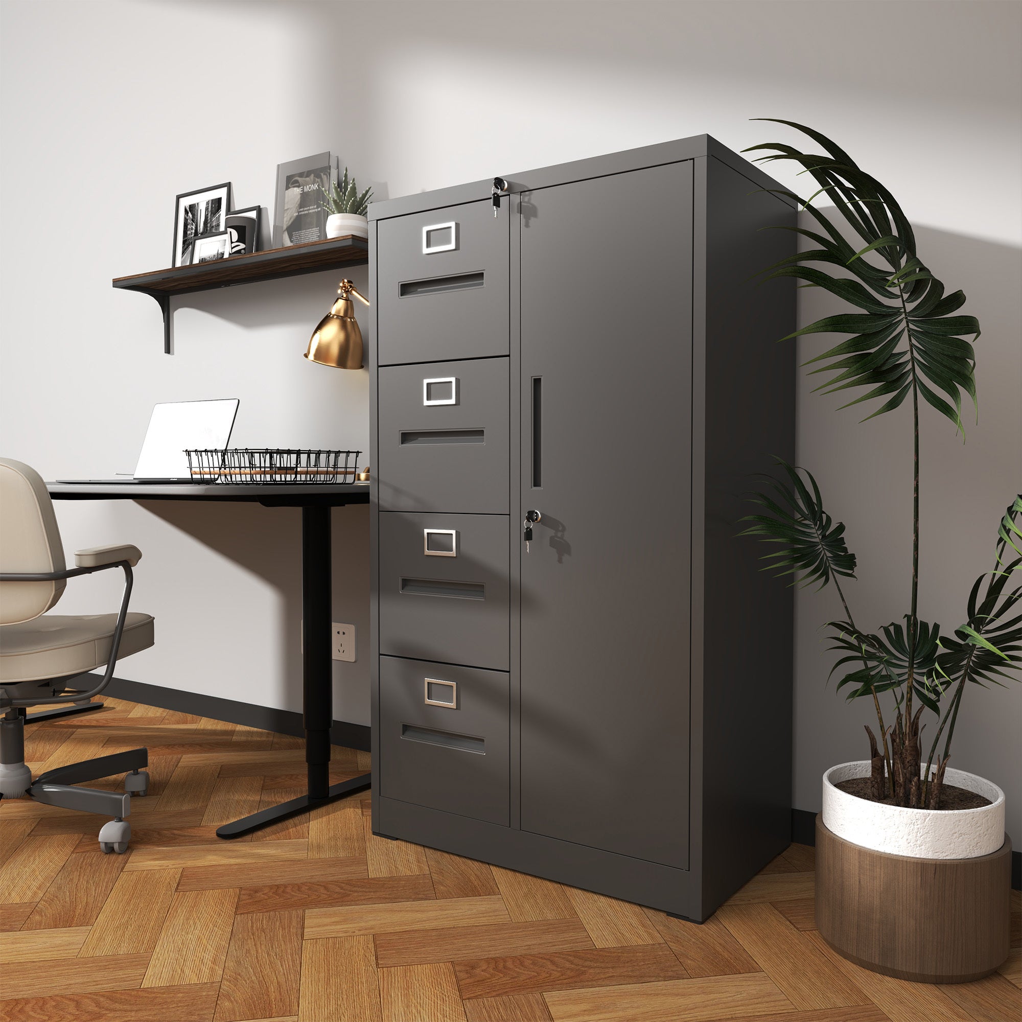 Metal Storage Vertical Filing Cabinet with Lock, Steel File Locker with 4 Drawers and 1 door for School, Living Room, Bedroom