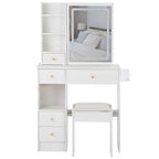 29.2' Small Size Left Drawer Desktop Vanity Table + Cushioned Stool, 2 AC+2 USB Power Station, Hair dryer bracket, Extra Large Touch Control Sliding LED Mirror, Tri-color Switching, Brightness Adjust - Grand Goldman Shop