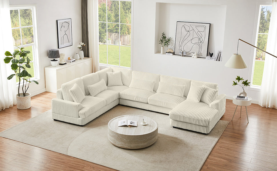 Modern Oversized U-shaped Sectional Sofa with Chaise Lounge in Beige Corduroy, 129' - Grand Goldman Shop