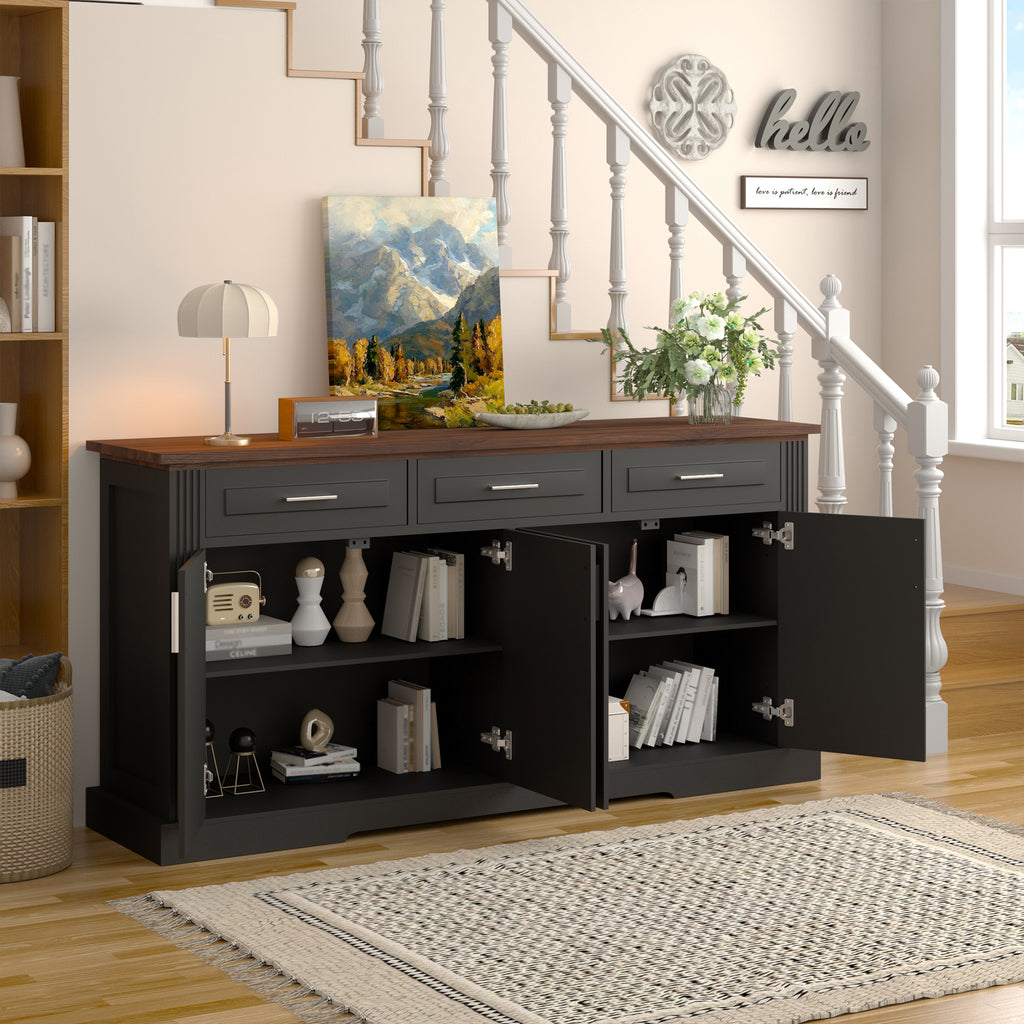 Black Fluted Sideboard Buffet Cabinet with 4 Doors and 3 Drawers, Modern Wood Kitchen Storage Console Table for Living Room Dining Room Entryway, 63' - Grand Goldman Shop