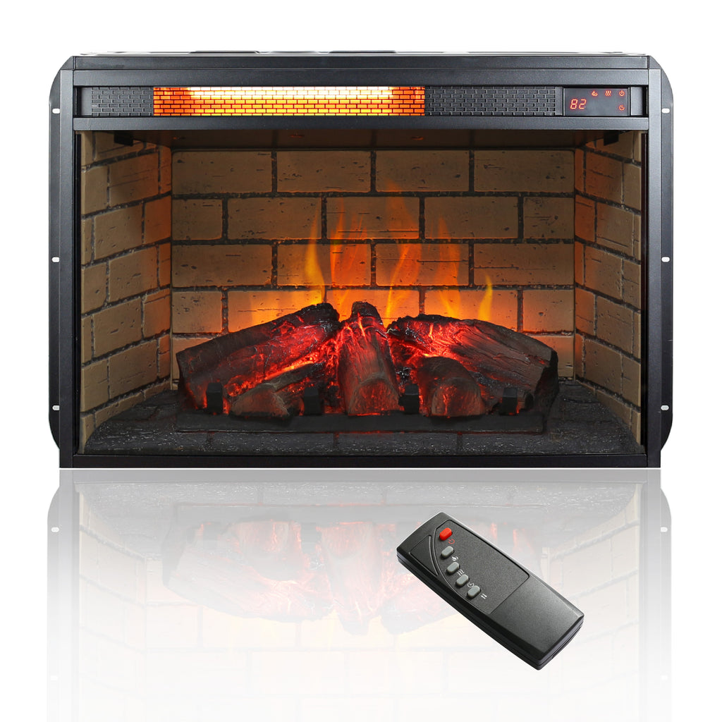 26 Inch Infrared Quartz Heater Fireplace Insert - Woodlog Version with Brick Background, Antique Black, Tempered Glass and Sheet Metal - Grand Goldman Shop