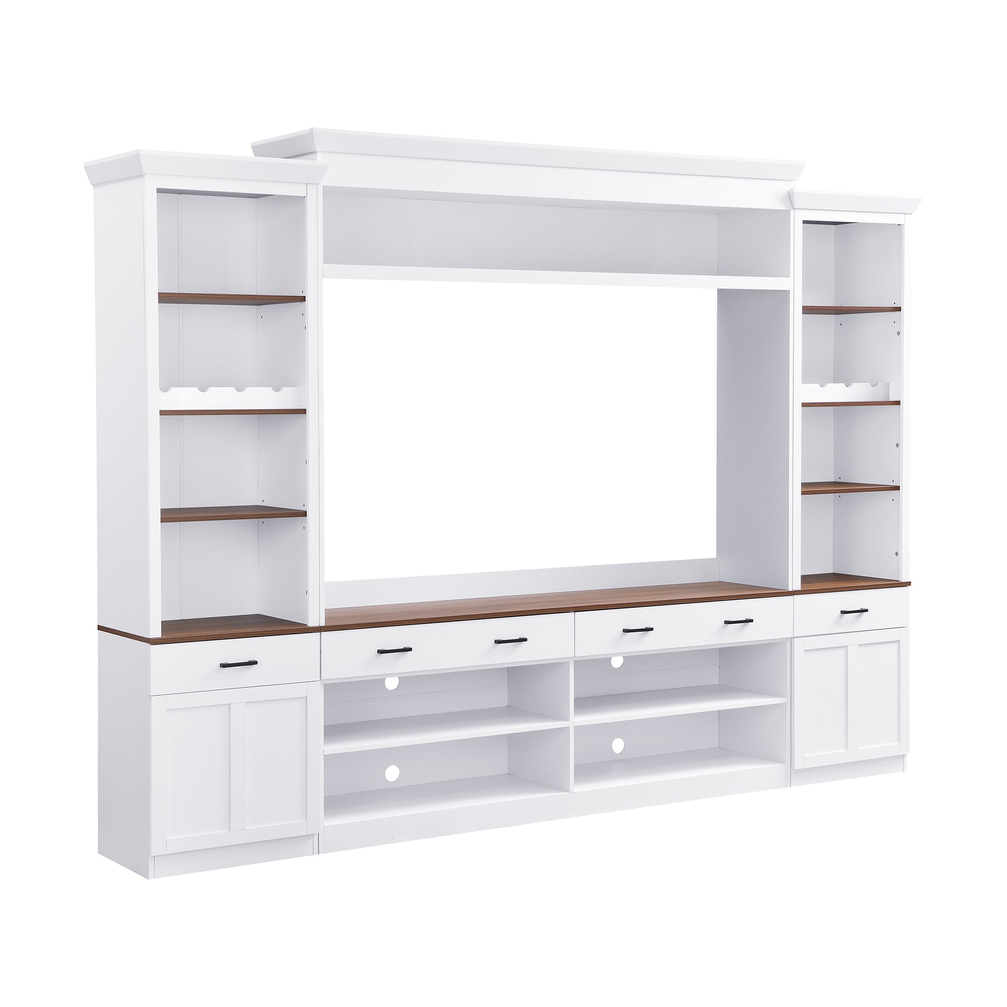 Farmhouse Entertainment Wall Unit with Bookshelf for TVs Up to 70', Walnut TV Stand with Adjustable Shelves, Mid-Century Media Console with Wine Rack for Living Room, White (NEW SKU: N721S000046K-2) - Grand Goldman Shop